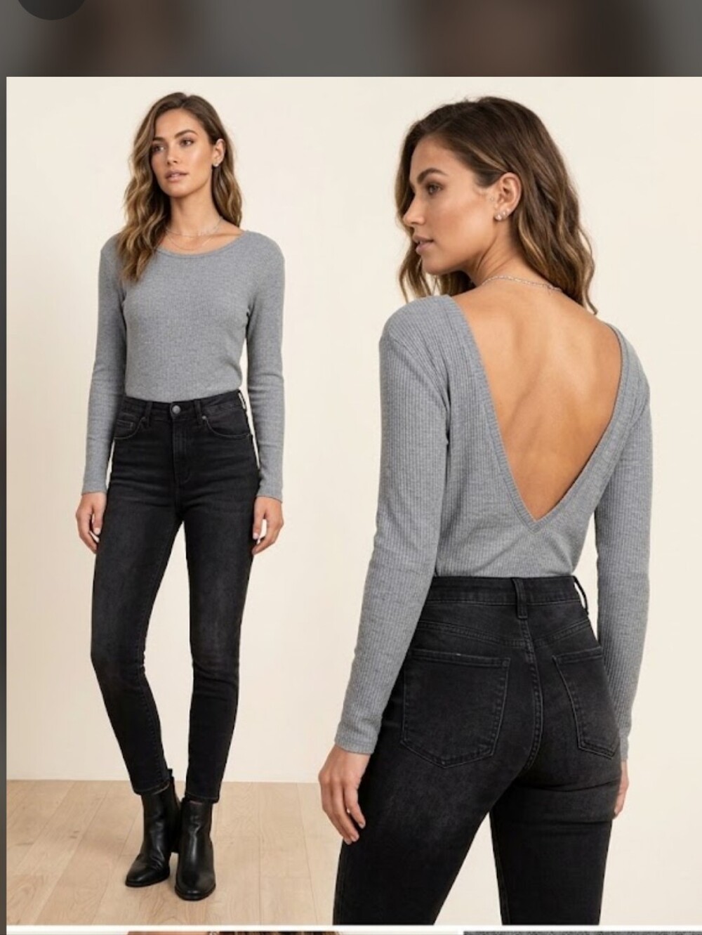 Joah Brown Bare Back Grey Ribbed Long Sleeve Top One Size